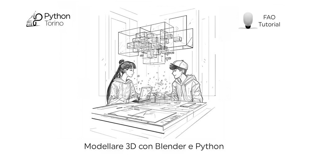 PythonTorino's tweet card. Workshop sull'uso professionale di Blender a cura di FAO Tutorial