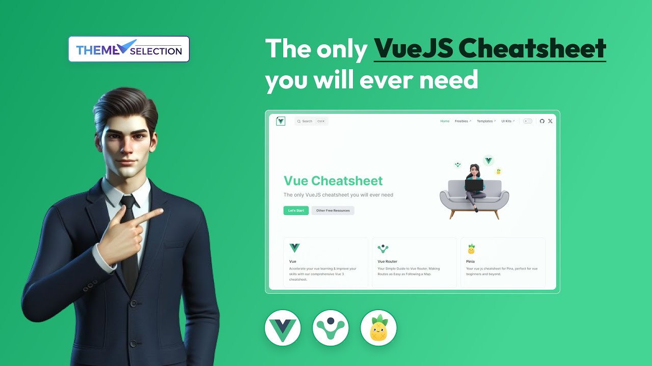 Theme_Selection's tweet card. The Ultimate Vue Cheatsheet for Vue, Vue-Router, and Pinia | ThemeS...