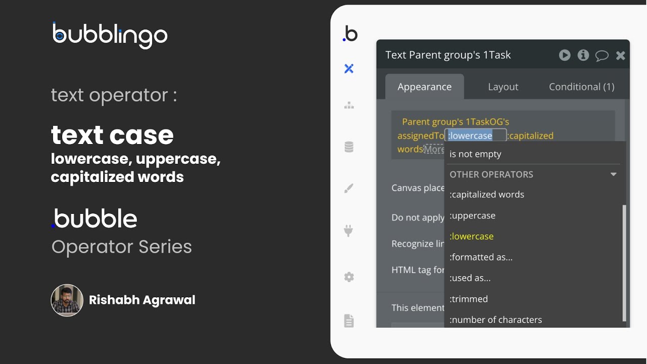 bubblingo_'s tweet card. Text Case Operator in Bubble - How to use tutorials on Operators in...