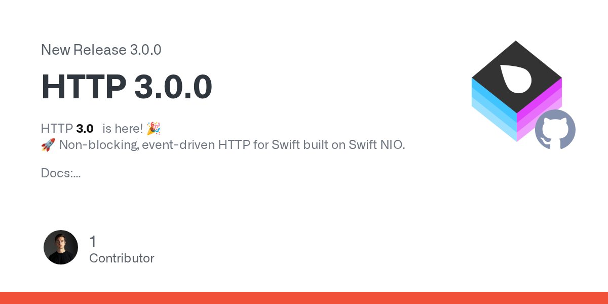 codevapor's tweet card. HTTP 3.0 is here! 🎉 🚀 Non-blocking, event-driven HTTP for Swift built on Swift NIO. Docs: https://docs.vapor.codes/3.0/http/getting-started/ API Docs: https://api.vapor.codes/http/latest/HTTP/...