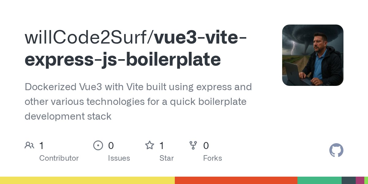 WillCode2Surf's tweet card. Dockerized Vue3 with Vite built using express and other various technologies for a quick boilerplate development stack - willCode2Surf/vue3-vite-express-js-boilerplate