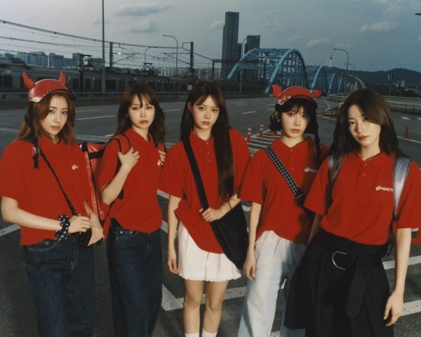 SOURCEMUSIC's tweet card. 르세라핌, 'SPAGHETTI' 배달원 변신...청춘영화 못지않은 콘셉트 필름