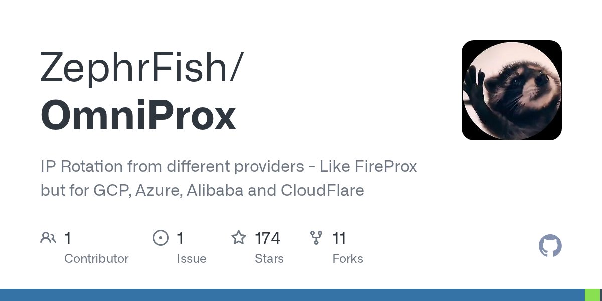 Dinosn's tweet card. IP Rotation from different providers - Like FireProx but for GCP, Azure, Alibaba and CloudFlare - ZephrFish/OmniProx