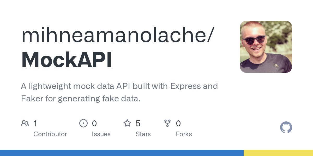 mihnea_dev's tweet card. A lightweight mock data API built with Express and Faker for generating fake data. - mihneamanolache/MockAPI