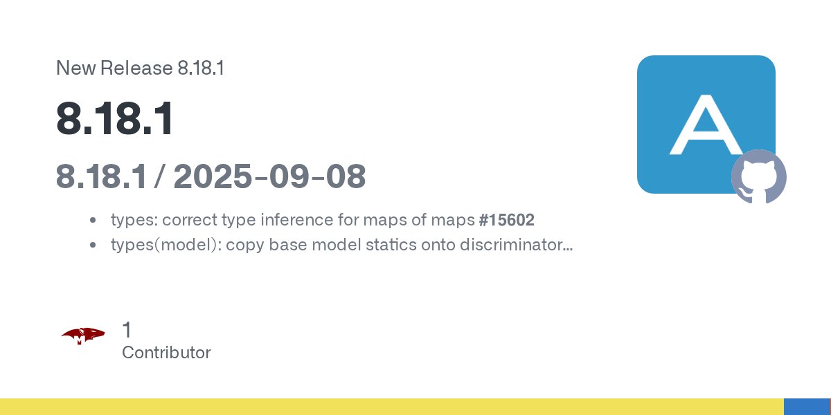 mongoosejs's tweet card. 8.18.1 / 2025-09-08 types: correct type inference for maps of maps #15602 types(model): copy base model statics onto discriminator model #15623 #15600 types: fix types for a string of enums #15605...
