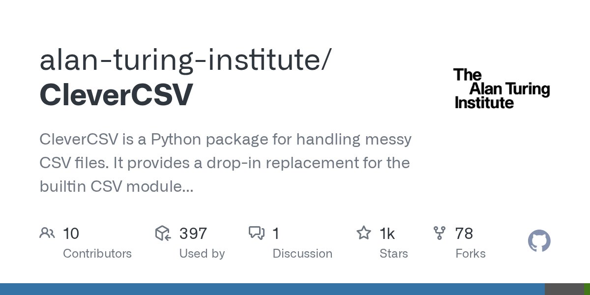GjjvdBurg's tweet card. CleverCSV is a Python package for handling messy CSV files. It provides a drop-in replacement for the builtin CSV module with improved dialect detection, and comes with a handy command line applica...