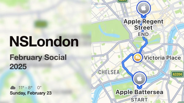 NSLondonMeetup's tweet card. **Take a Stroll, Apple Style!** 🍏🚶‍♂️☕️ **NSLondon** is trying something new—bringing the community together in a fresh way! 🎉 On **Sunday February 23rd**, join the NS