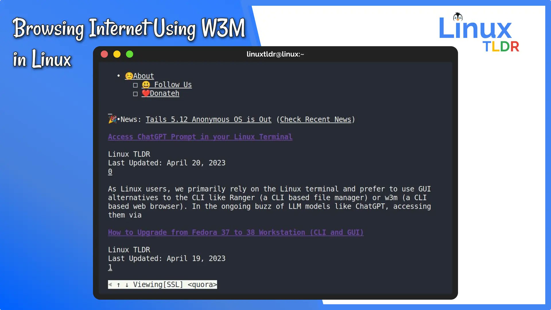 linux_tldr's tweet card. In this article, you will learn how to browse the internet or translate HTML pages using the W3M command-line utility, with practical examples.