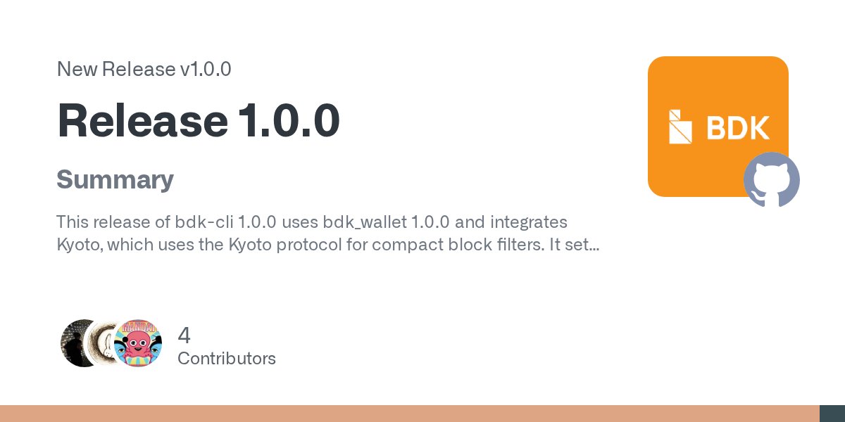 bitcoindevkit's tweet card. Summary This release of bdk-cli 1.0.0 uses bdk_wallet 1.0.0 and integrates Kyoto, which uses the Kyoto protocol for compact block filters. It sets SQLite as the default database and drops support f...