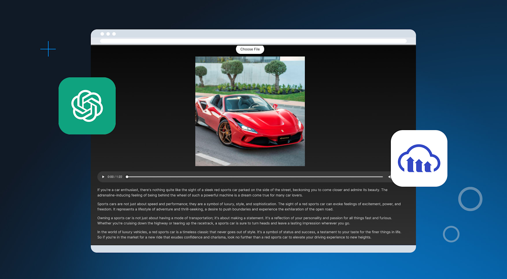 devpato's tweet card. Build a React app that uploads an image to Cloudinary, auto‑generates a caption, turns it into a marketing blog post with OpenAI, and adds text‑to‑speech playback. Full code for Vite + Node/Express.