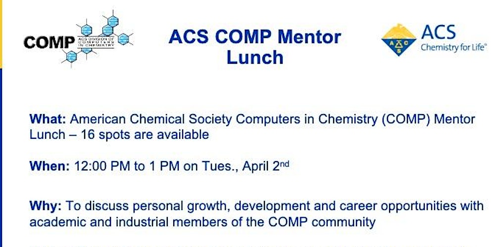 acsCOMPprog's tweet card. Discuss personal growth, development and career opportunities with academic and industrial mentors from the COMP community as well as your COMP colleagues from other schools around the globe! This...