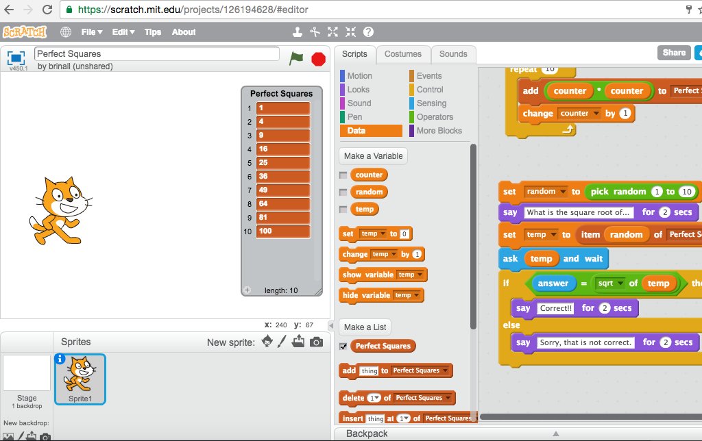 mraspinall's tweet card. In this activity we will build an app that 1) generates the first 10 perfect squares and 2) prompts the user to determine the square root of one of them, chosen at random. // To begin, create a var…