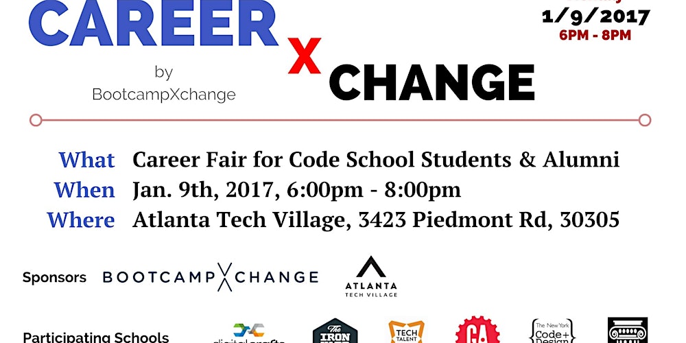 ATLCodeDesign's tweet card. Come out to Atlanta's CAREERxCHANGE! A Career Fair for Code School Students & Alumni.  If you have attended a coding school or coding bootcamp and are looking for a career in Atlanta, you can't...