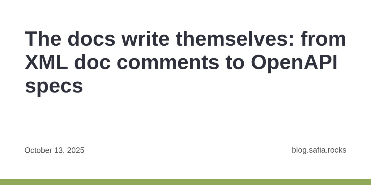 captainsafia's tweet card. A deep dive into implementing XML documentation comment integration for ASP.NET Core’s OpenAPI generator, exploring the technical challenges of bridging compile-time XML docs with runtime OpenAPI...