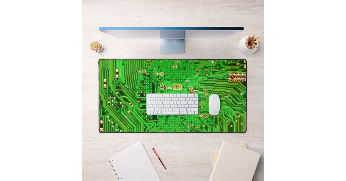 SusanEileenEvan's tweet card. Elevate your workspace with our unique Circuit Board Design Desk Mat. This vibrant green mat features intricate circuit board graphics, perfect for tech enthusiasts and professionals alike. Whether...