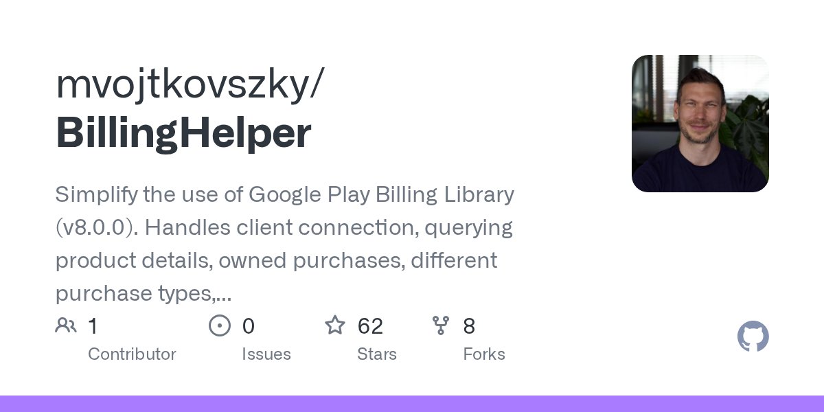 migueScript's tweet card. Simplify the use of Google Play Billing Library (v8.0.0). Handles client connection, querying product details, owned purchases, different purchase types, acknowledging purchases, verify purchase si...