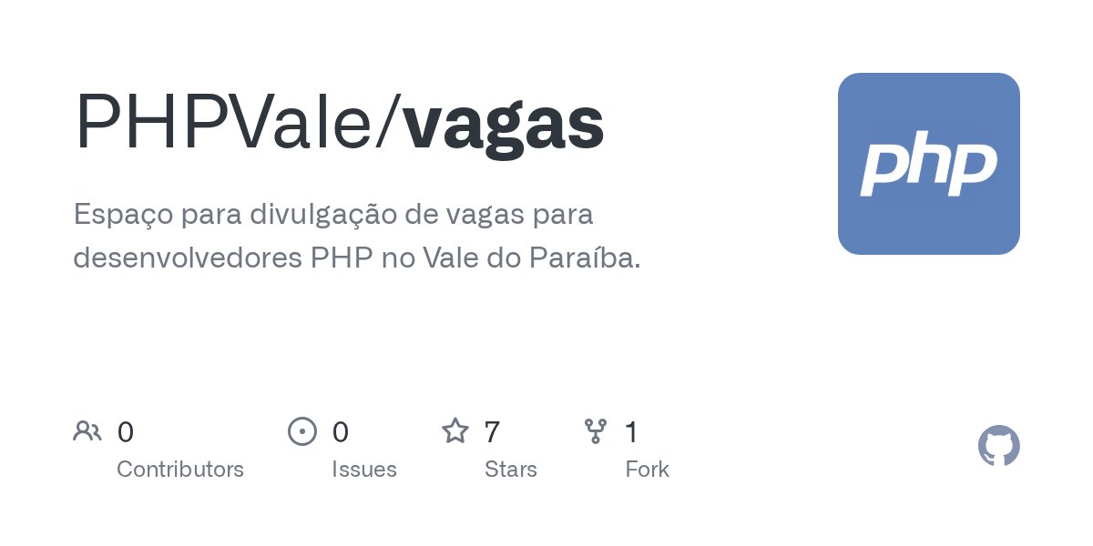 phpvale's tweet card. Espaço para divulgação de vagas para desenvolvedores PHP no Vale do Paraíba. - PHPVale/vagas