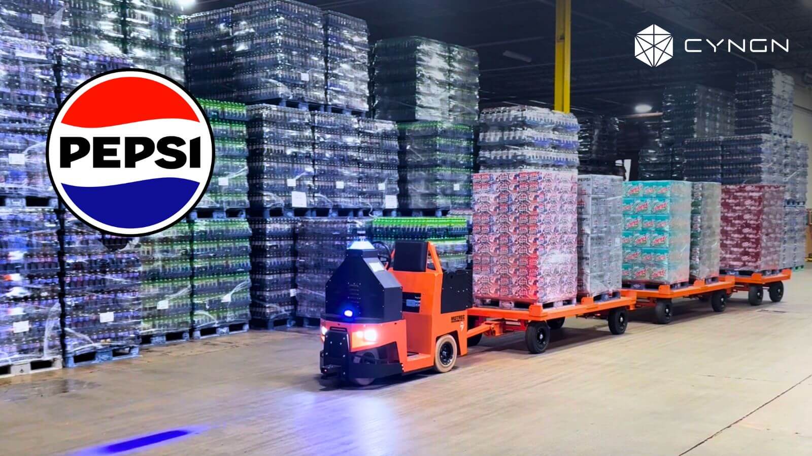 cyngn's tweet card. Cyngn announces partnership with G&J Pepsi to implement the DriveMod Tugger.