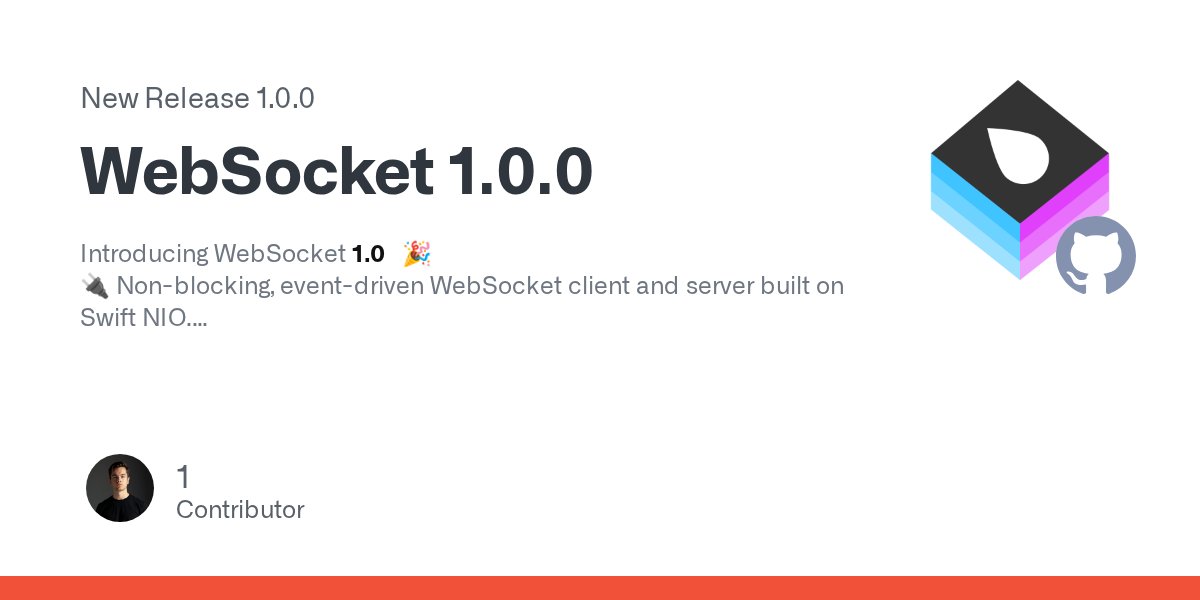 codevapor's tweet card. Introducing WebSocket 1.0 🎉 🔌 Non-blocking, event-driven WebSocket client and server built on Swift NIO. Docs: https://docs.vapor.codes/3.0/websocket/getting-started/ API Docs: https://api.vapor....
