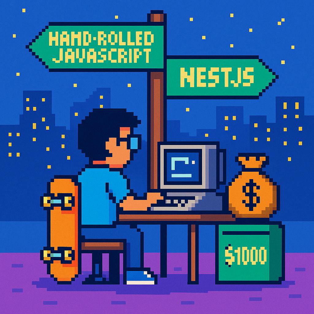 hackernoon's tweet card. Raw Node or NestJS? One dev builds, benchmarks, and stress-tests both to find the best backend setup for a $1K budget and a $6 VPS.