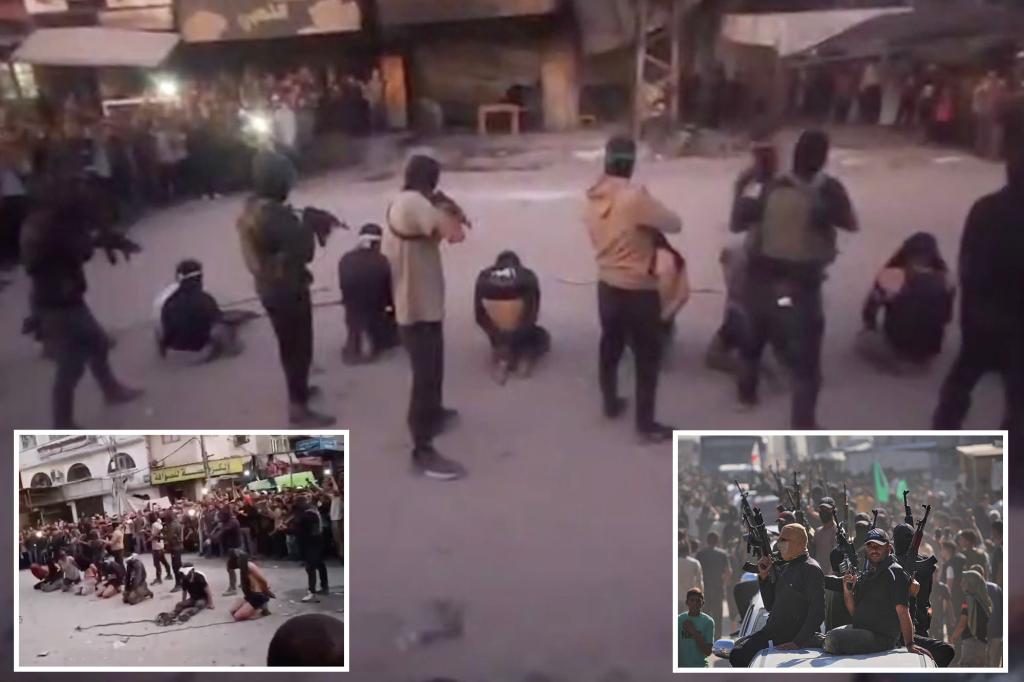 rd_dev76's tweet card. The graphic footage shows eight badly beaten, blindfolded men kneeling in the street before each is shot dead by Hamas gunmen in front of a cheering crowd.