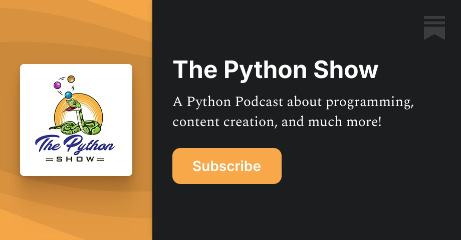 driscollis's tweet card. A Python Podcast about programming, content creation, and much more! Click to read The Python Show, by Mike Driscoll, a Substack publication with thousands of subscribers.