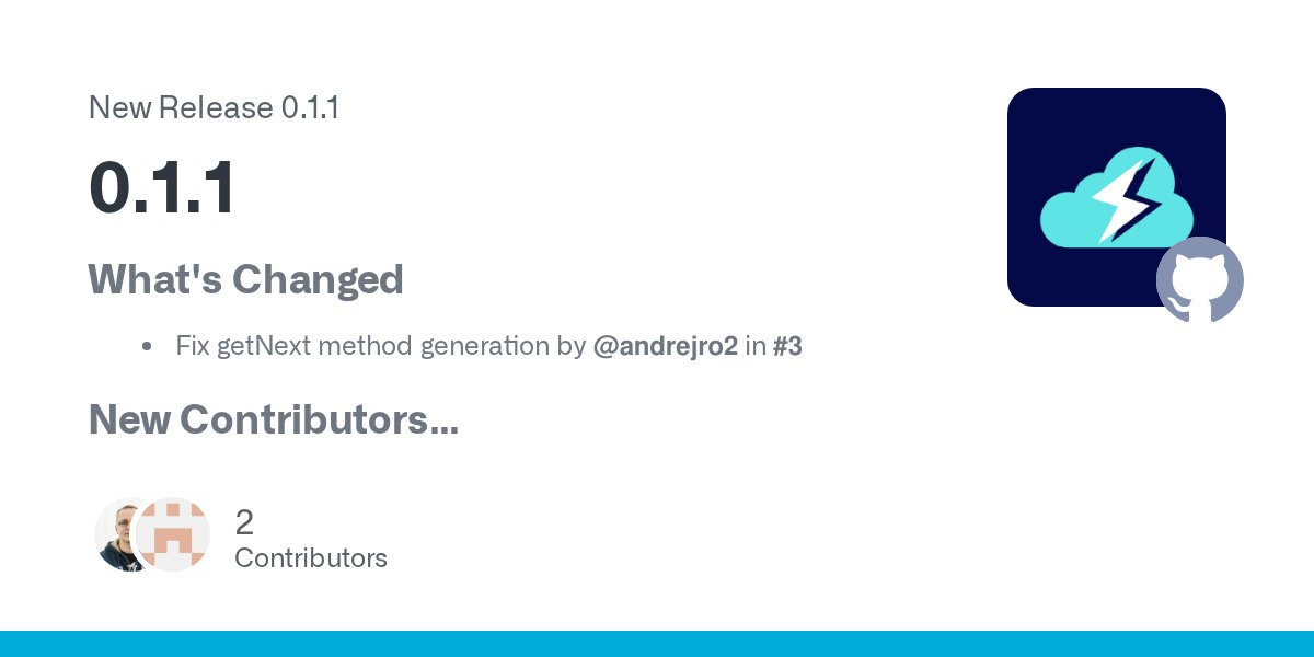 openswoole's tweet card. What's Changed Fix getNext method generation by @andrejro2 in #3 New Contributors @andrejro2 made their first contribution in #3 Full Changelog: 0.1.0...0.1.1