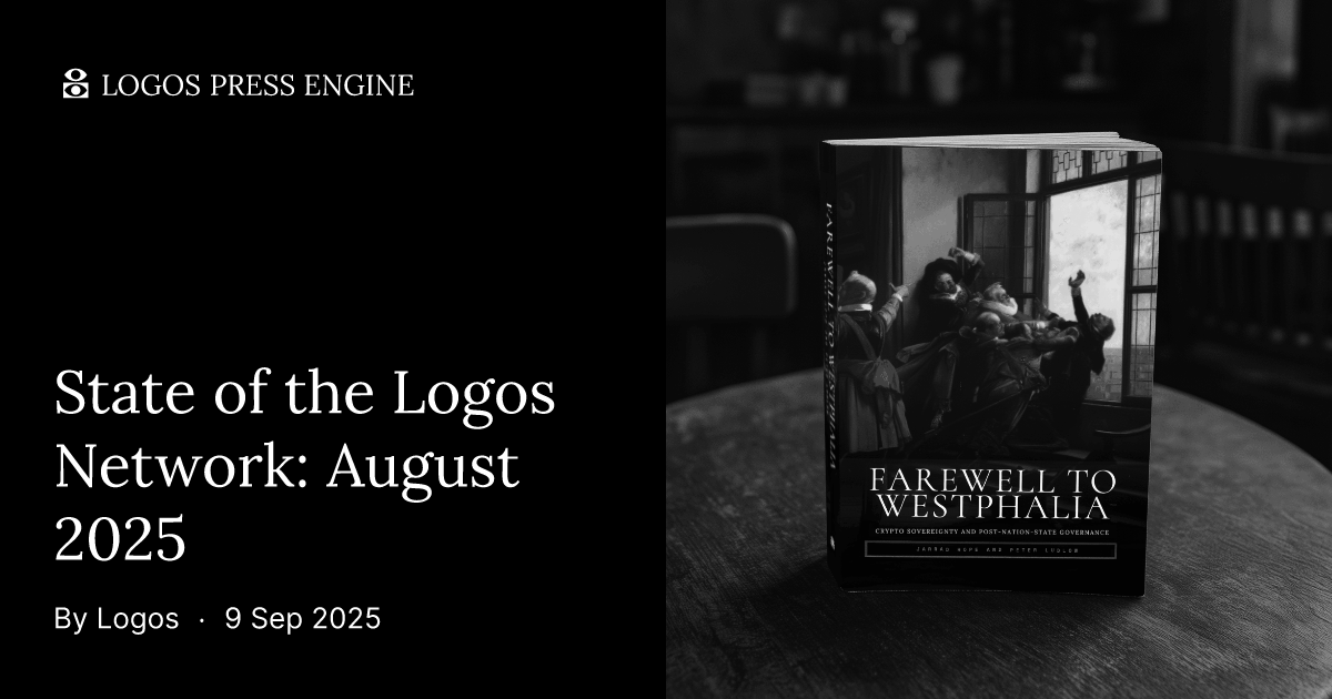 Logos_network's tweet card. "Farewell to Westphalia" preorders live and publishing date revealed, LA Circle activates, Parallel Society date revealed, Waku vibe coding, Nomos v1 specs complete, and Codex collaborates with...
