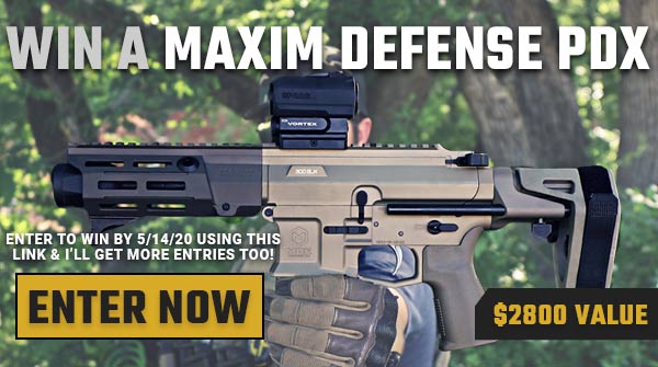 McProgramming's tweet card. Win A Maxim Defense PDX Pistol w/ Vortex Sparc AR Optic