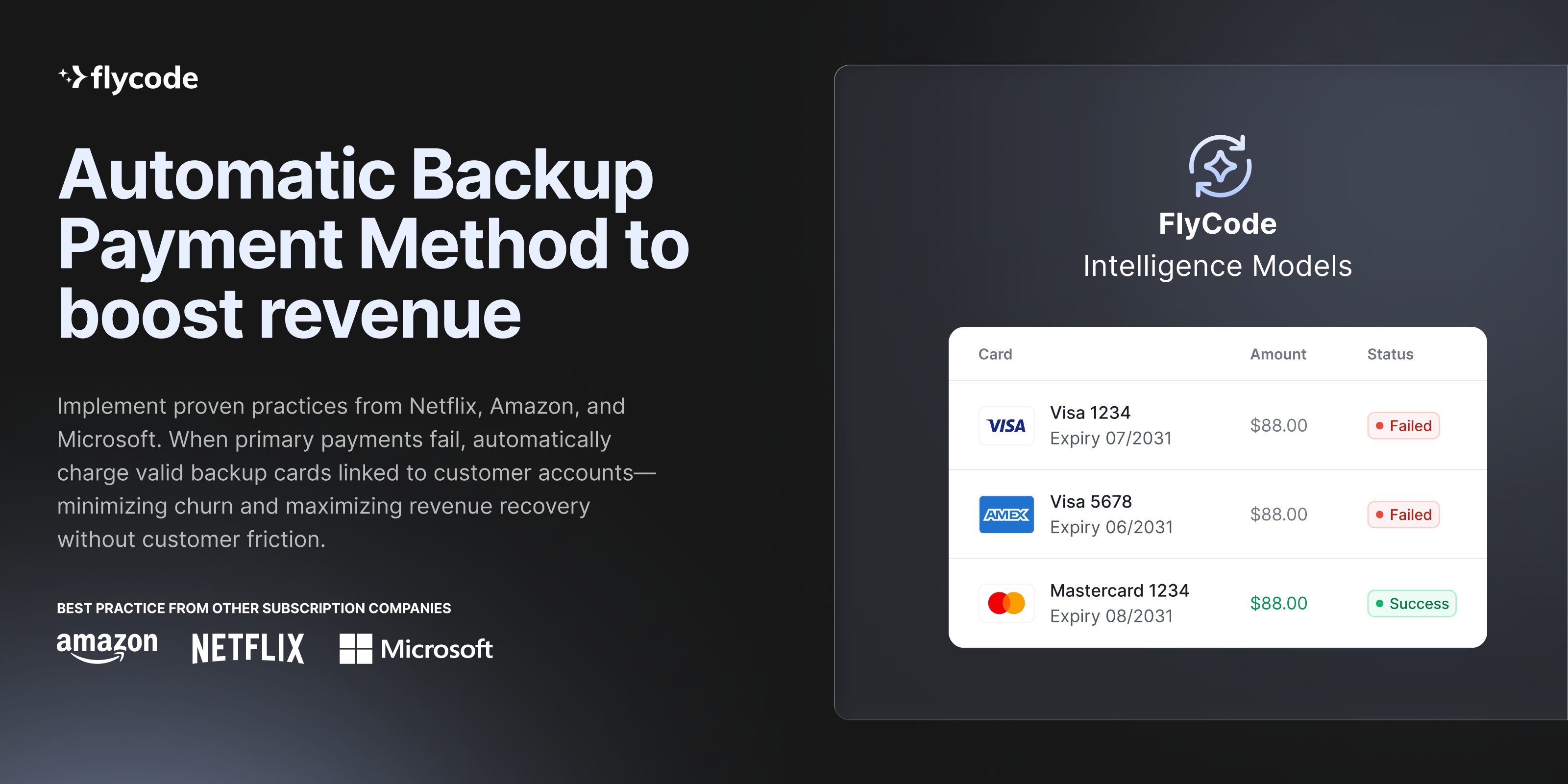 FlycodeHQ's tweet card. TL;DR:  We’re launching a new product helping Stripe customers to boost revenue with backup payments method. Netflix and Amazon do this—now every SaaS can too.