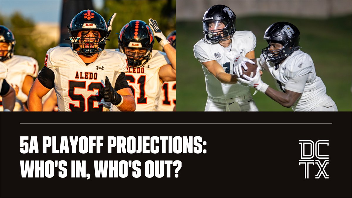 dctf's tweet card. 2025 Class 5A Division I and II Texas High School Football Playoff Projections, including teams like Aledo, Denton Ryan, Abilene, Richmond Randle, Boerne, Alamo Heights and Port Neches-Groves.
