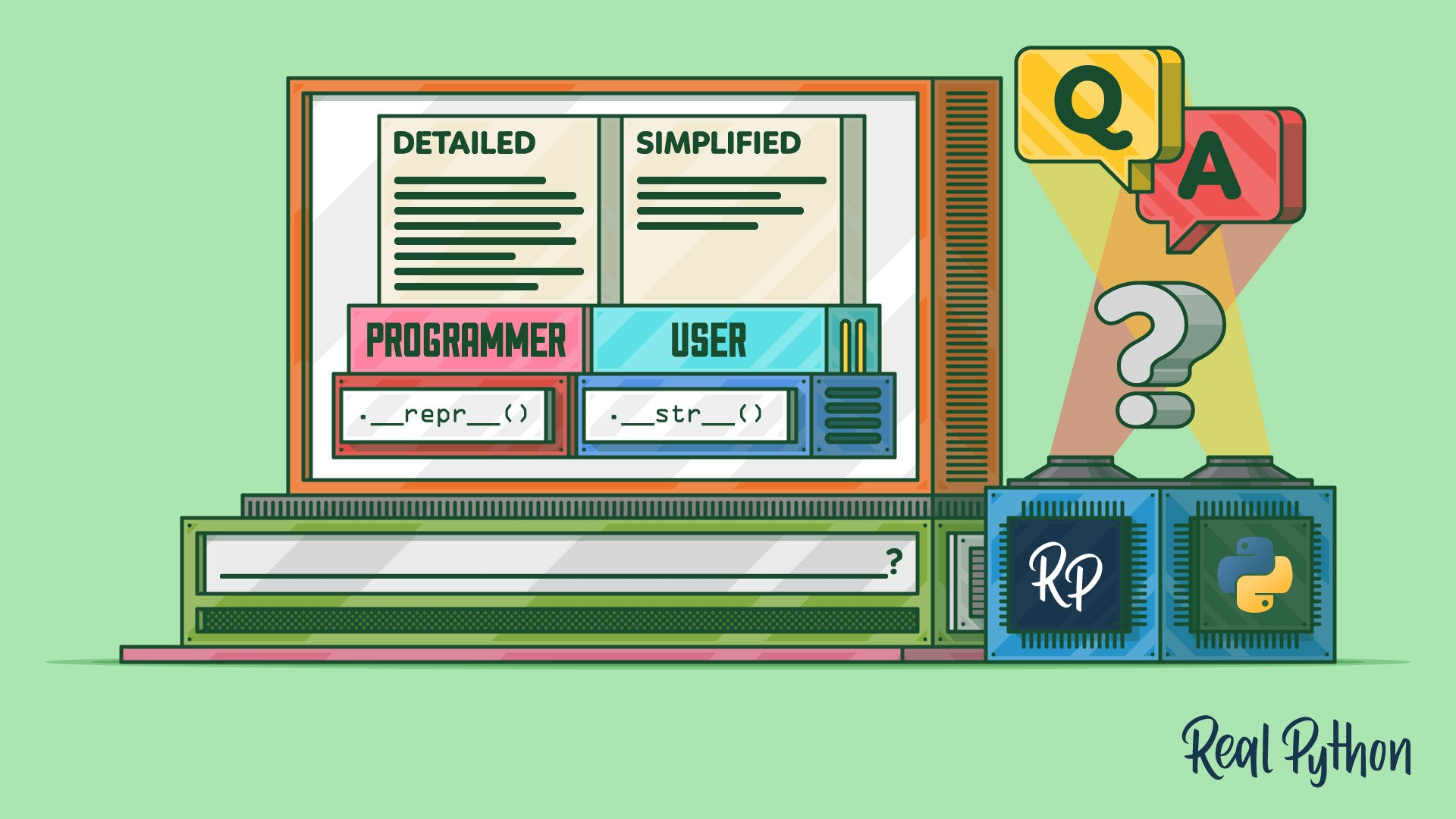 realpython's tweet card. Find out when to choose Python's __repr__() vs __str__() in your classes so your objects show helpful information for debugging and user output.