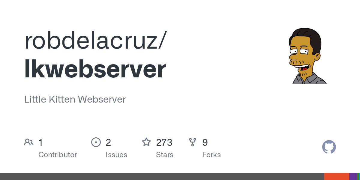 robcomputing's tweet card. Little Kitten Webserver. Contribute to robdelacruz/lkwebserver development by creating an account on GitHub.