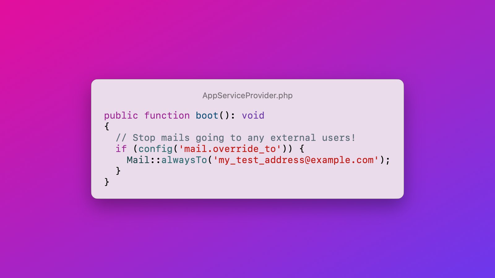 LaravelLinks's tweet card. A small Laravel feature that prevents a big headache: how Mail::alwaysTo() keeps staging and demo environments from accidentally emailing real users.