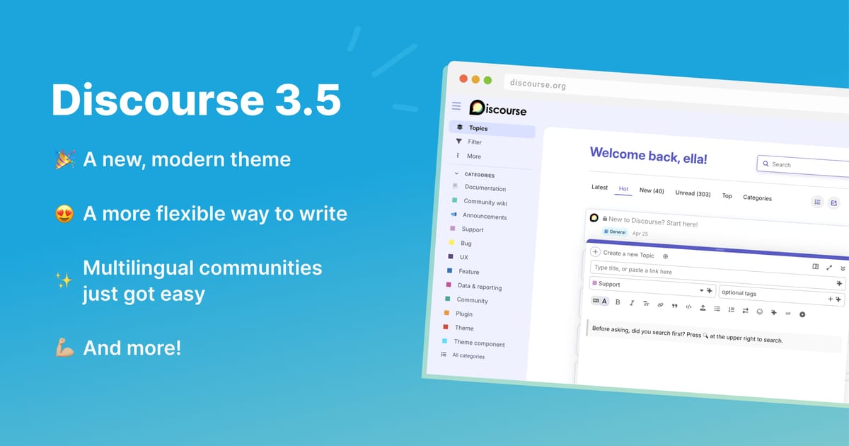discourse's tweet card. After six months of steady improvements in our beta releases, we’re excited to announce our latest release, Discourse 3.5. This release, we focused on improving both the member and community manage...