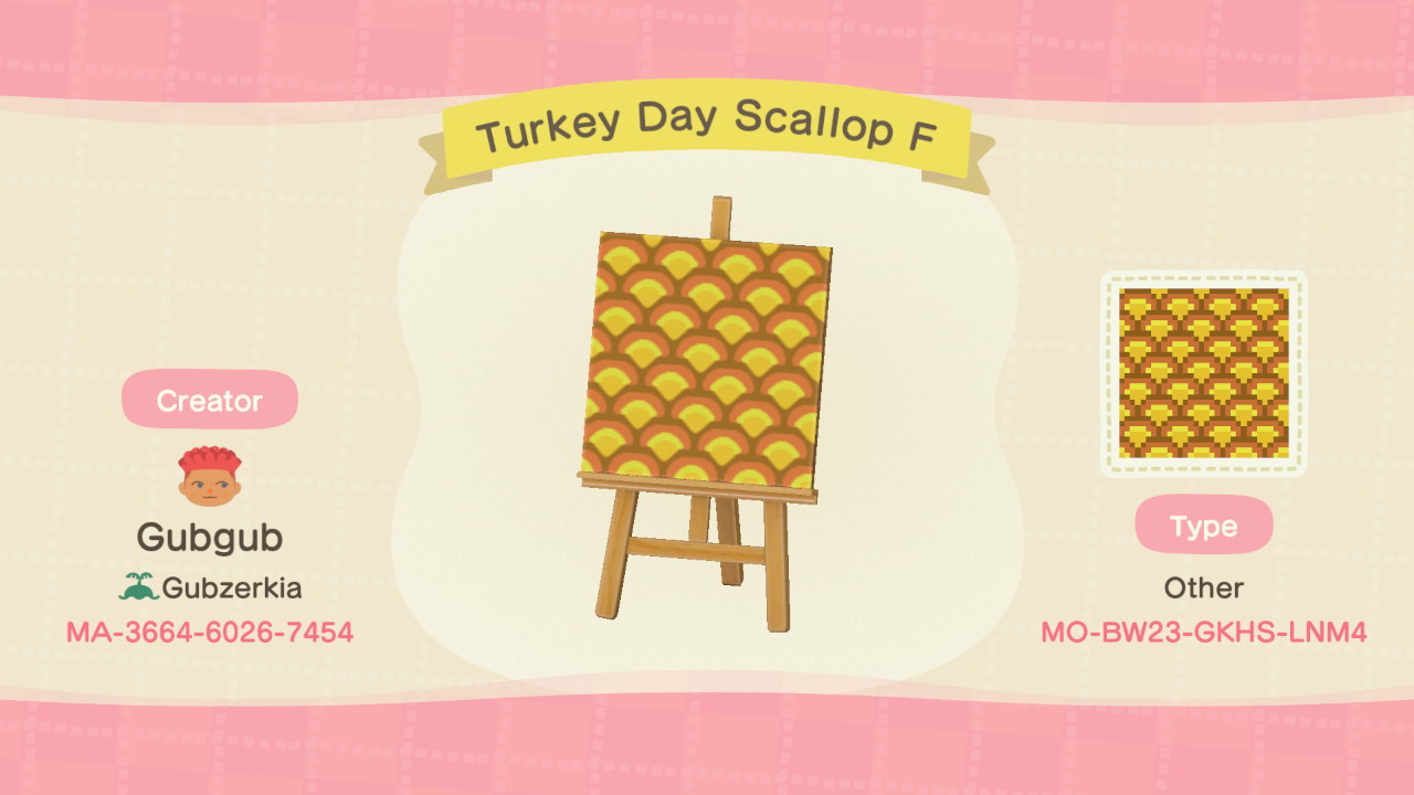 ACpatterngal's tweet card. Turkey Day Scallop Set custom design for Animal Crossing on Nintendo Switch. View creator and design IDs, related custom designs, and inspiration photos.