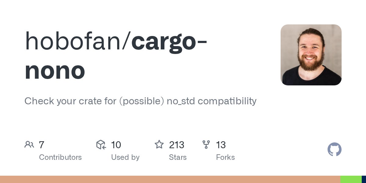 alexberegszaszi's tweet card. Check your crate for (possible) no_std compatibility - hobofan/cargo-nono