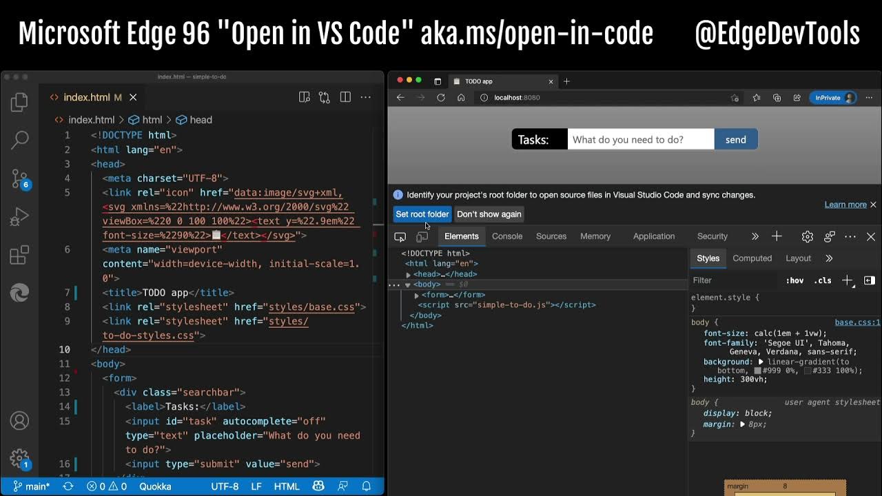 codepo8's tweet card. From Edge 96 onwards local files can get edited in Visual Studio Code...