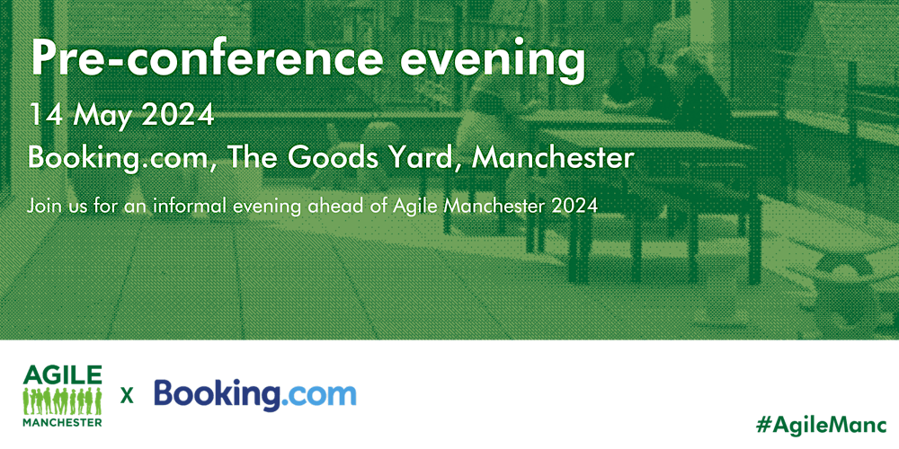 agilemanc's tweet card. Agile Manchester pre-conference evening with Booking.com