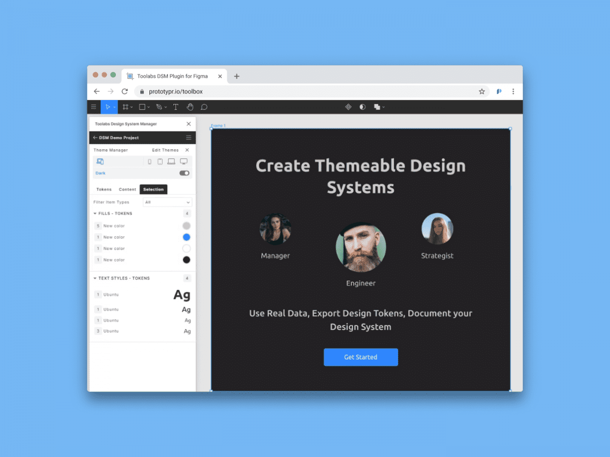 applinist's tweet card. Toolabs DSM lets you : ➥ Create themeable design tokens and attach to figma layers, ➥ Manage multiple selected layers which are grouped by their styles, ➥ Use Real Content in