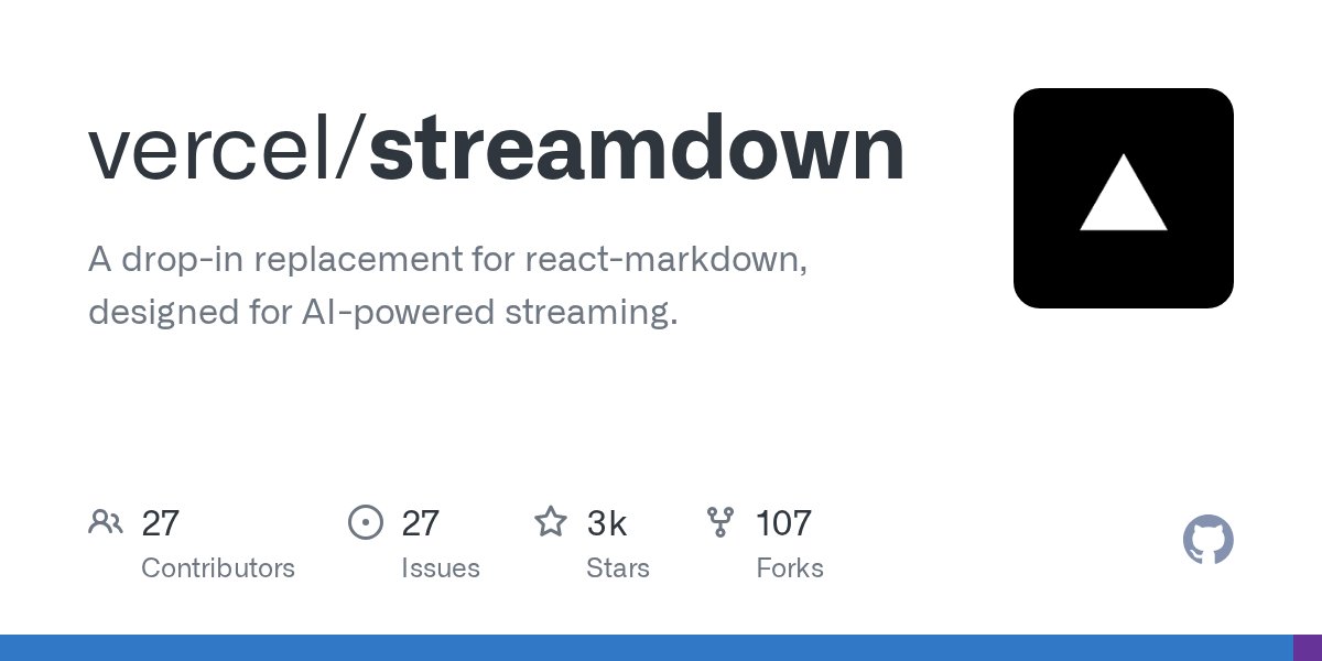 liduchuan's tweet card. A drop-in replacement for react-markdown, designed for AI-powered streaming. - vercel/streamdown