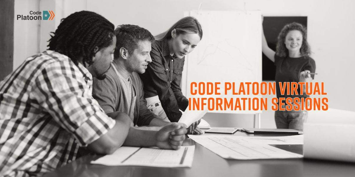 codeplatoon_org's tweet card. Join us for a casual Q&A session on Code Platoon's immersive programs with Recruitment Manager Greg Drobny. RSVP for your Info Session today.