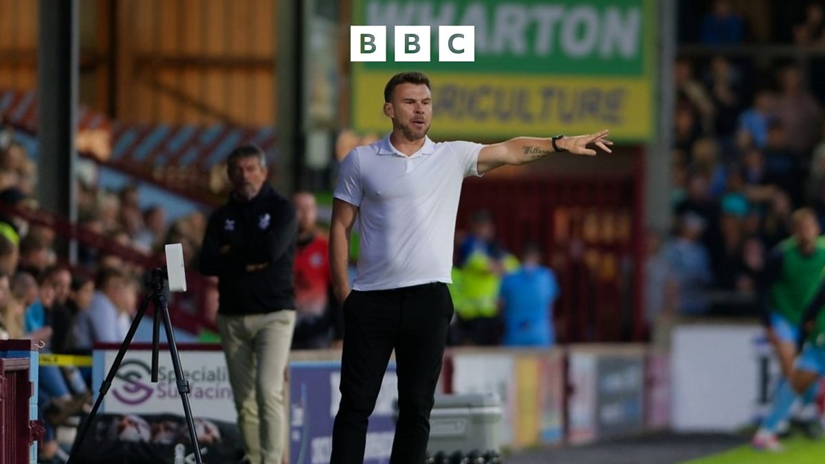HumbersideSport's tweet card. James Fletcher talking to Andy Butler after Scunthorpe Utd's 3-1 victory over Morecambe.