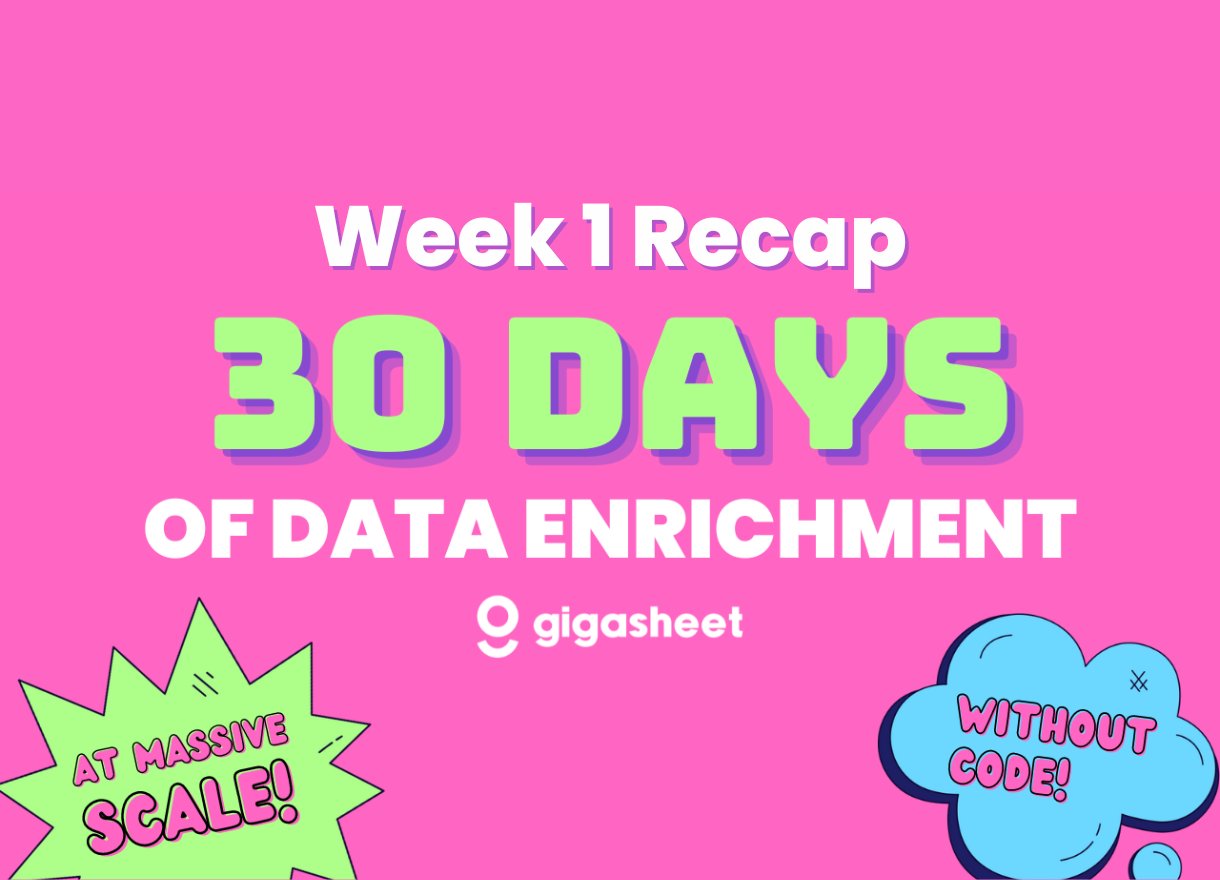 gigasheet's tweet card. 30 Days of Data Enrichments: Week 1 No Code Examples by Will Andrews | Week 1 recap of 30 Days of Enrichments, providing no code examples of data enrichments using Gigasheet's new Custom Enrichment...