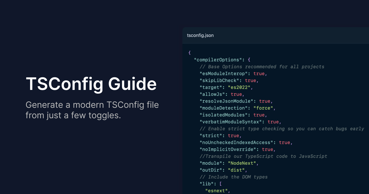 sundaycode's tweet card. TSConfig Guide enables you to generate a modern TSConfig file for your TypeScript project from just a few toggles