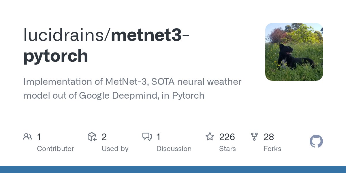 PyTorchPractice's tweet card. Implementation of MetNet-3, SOTA neural weather model out of Google Deepmind, in Pytorch - lucidrains/metnet3-pytorch