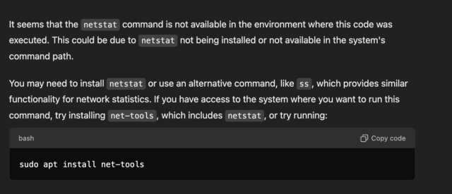 reverseame's tweet card. So we all know about the ChatGPT4 code execution capability. Now the question is can I execute a little bit offensive code like running netstat to see internal connections? I tried to run ‘ne…