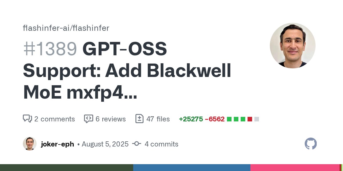 ye_combinator's tweet card. These kernels support OpenAI GPT-OSS Co-authored-by: siyuanf siyuanf@nvidia.com Co-authored-by: Zihao Ye zihaoy@nvidia.com Co-authored-by: Qidi Sang qsang@nvidia.com