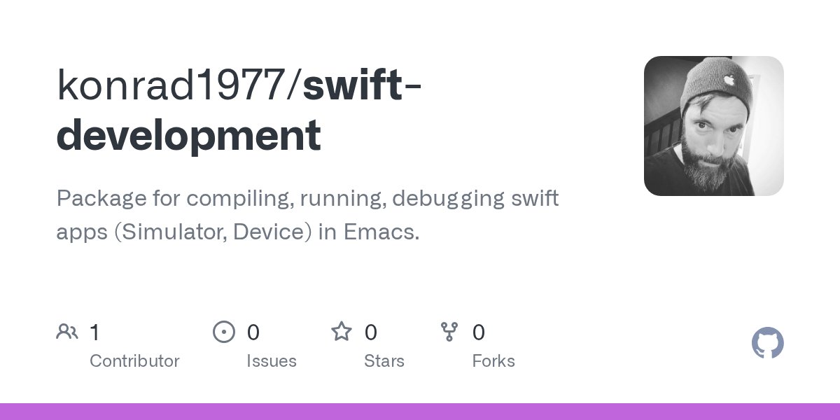 konrad1977's tweet card. Package for compiling, running, debugging swift apps (Simulator, Device) in Emacs. - konrad1977/swift-development
