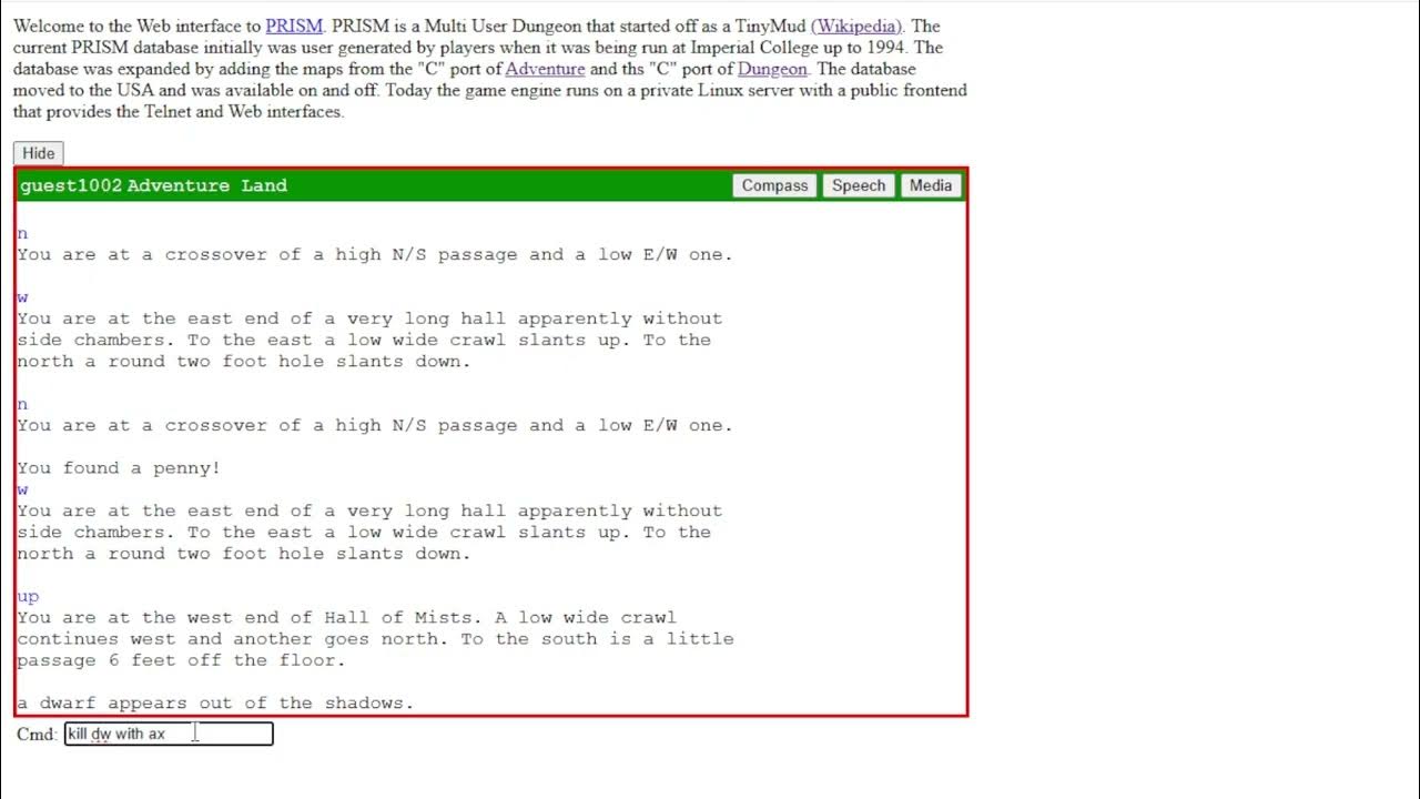 codewizard58's tweet card. Adventure as part of a modified Tinymud